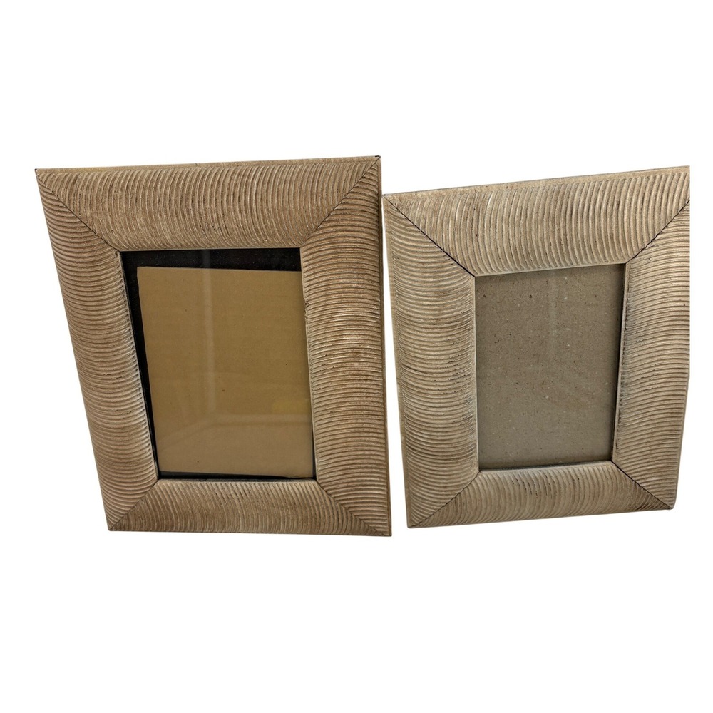 Vintage 1980s Carved Reeded Wood Picture Frame Set 2 Pair Postmodern Deco Boho